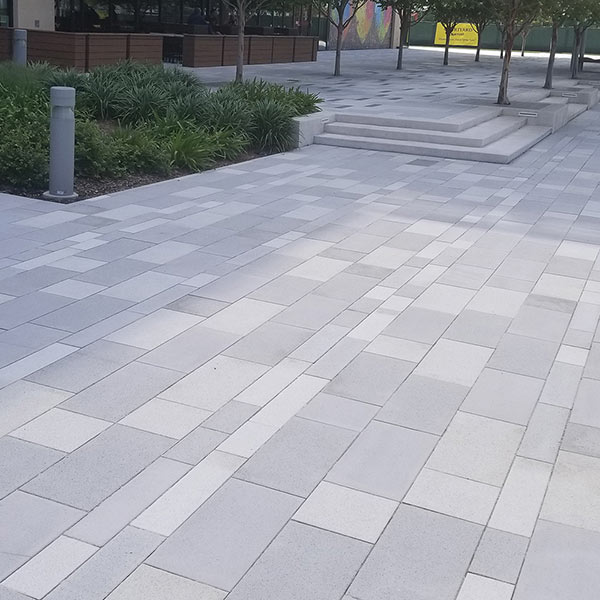 These pavers are various shades of gray. There are plants off to the side of the walkway.