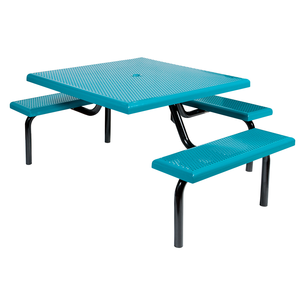 A blue, metal picnic table with three benches and black legs.