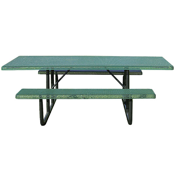 A turquoise, metal picnic table with black legs and two benches.