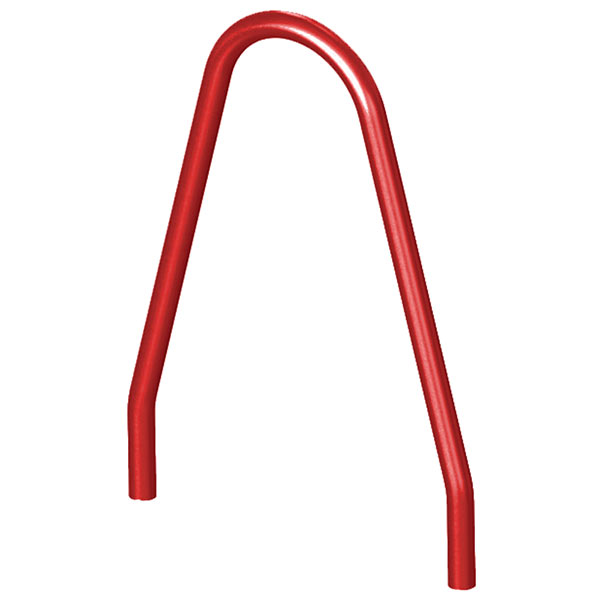 A red, V-shaped, inground bike rack on white background