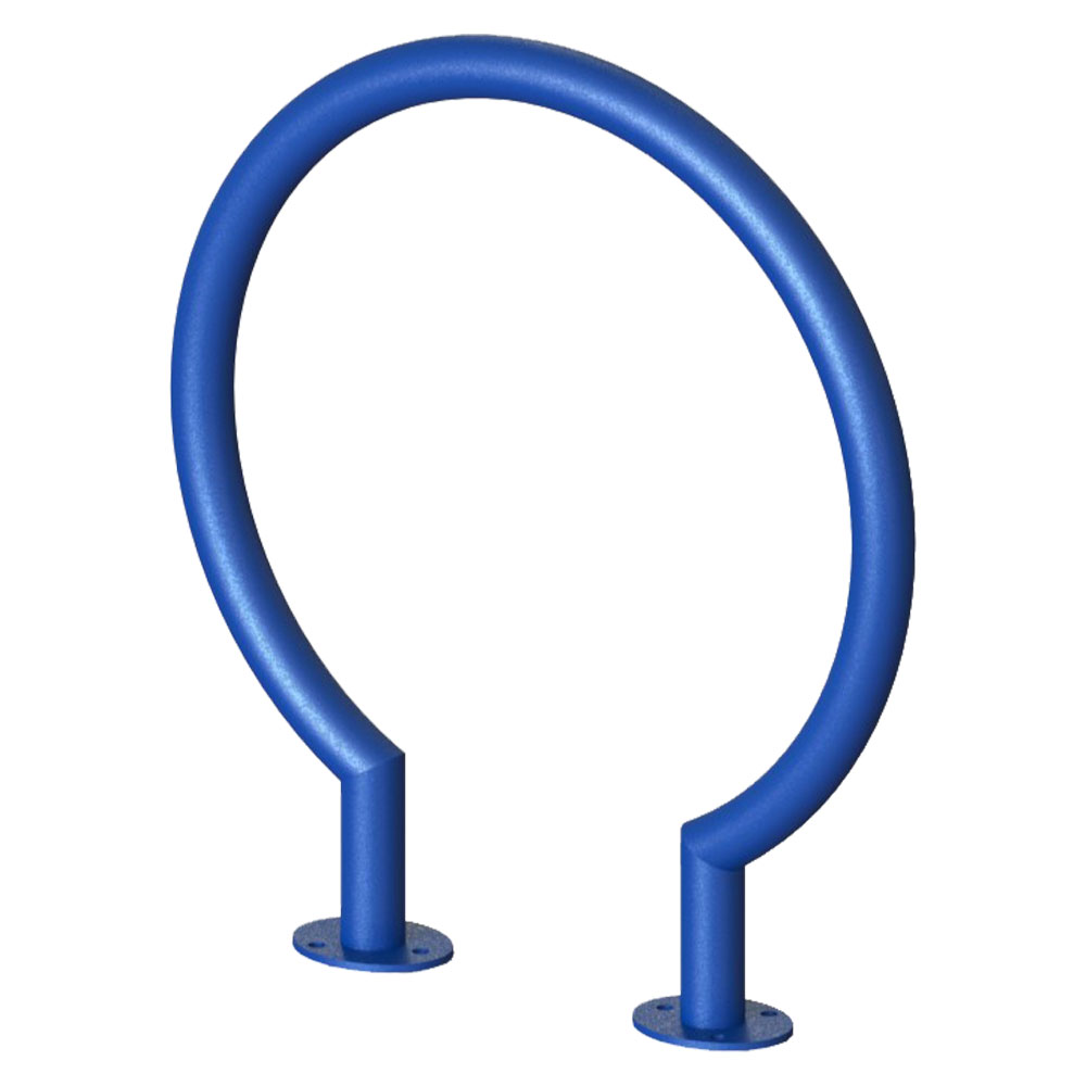 A blue, circular bike rack on a white background