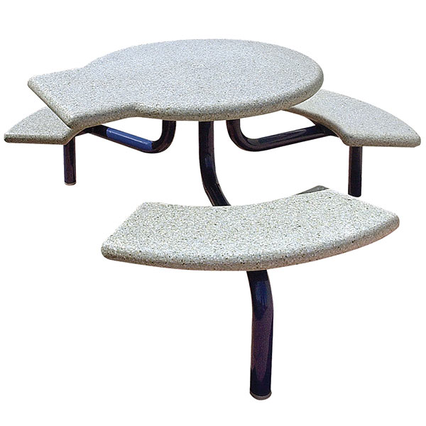 A round, concrete table set with three benches and black, metal legs.