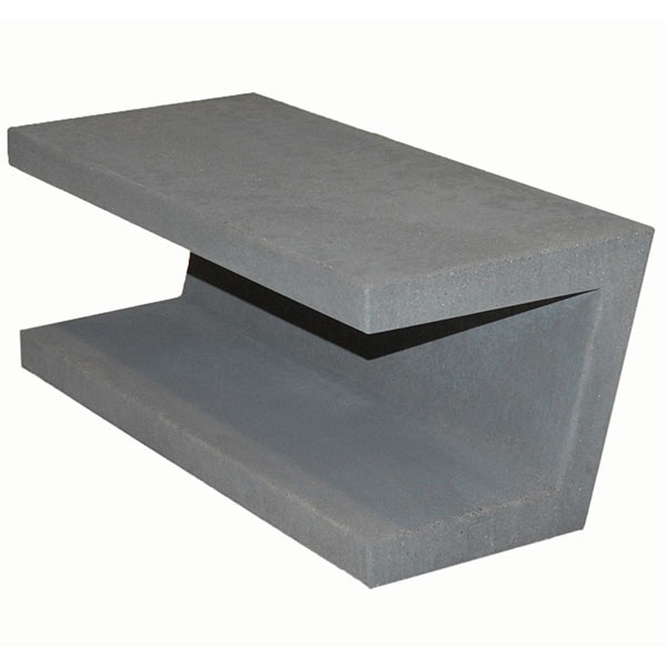 A gray, concrete cantilever bench is located against a white background.