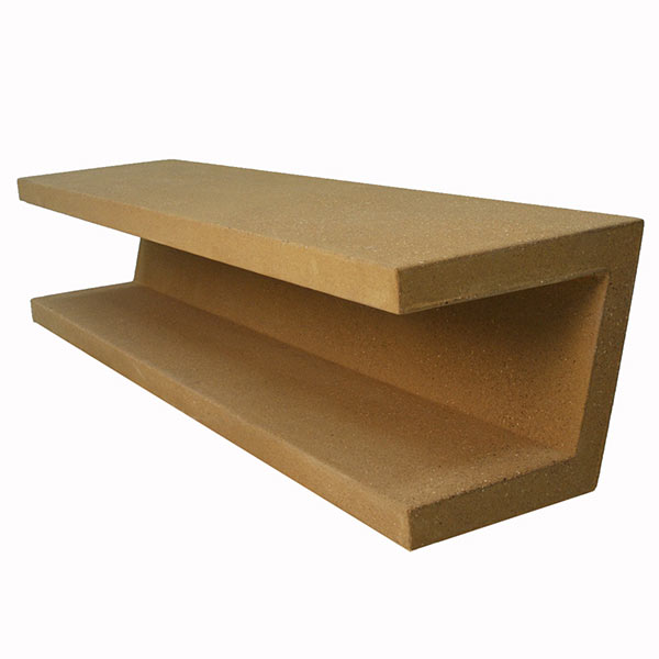 A tan, concrete cantilever bench is located against a white background.