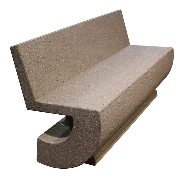 A tan, concrete cantilever bench is located against a white background. The base of the bench is curved.