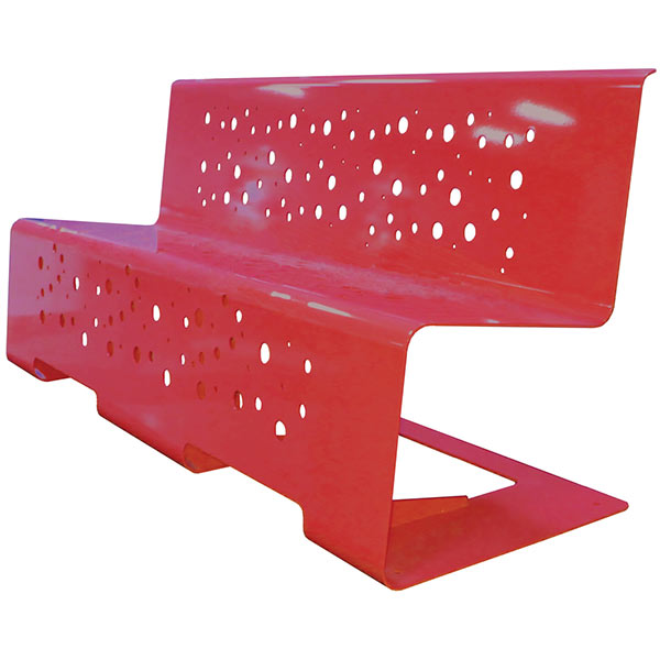 This red, steel cantilever bench with a back is pictured against a white background.