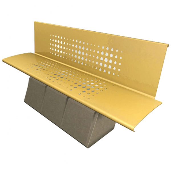 This cantilever bench has a concrete base with a yellow steel seat and back.