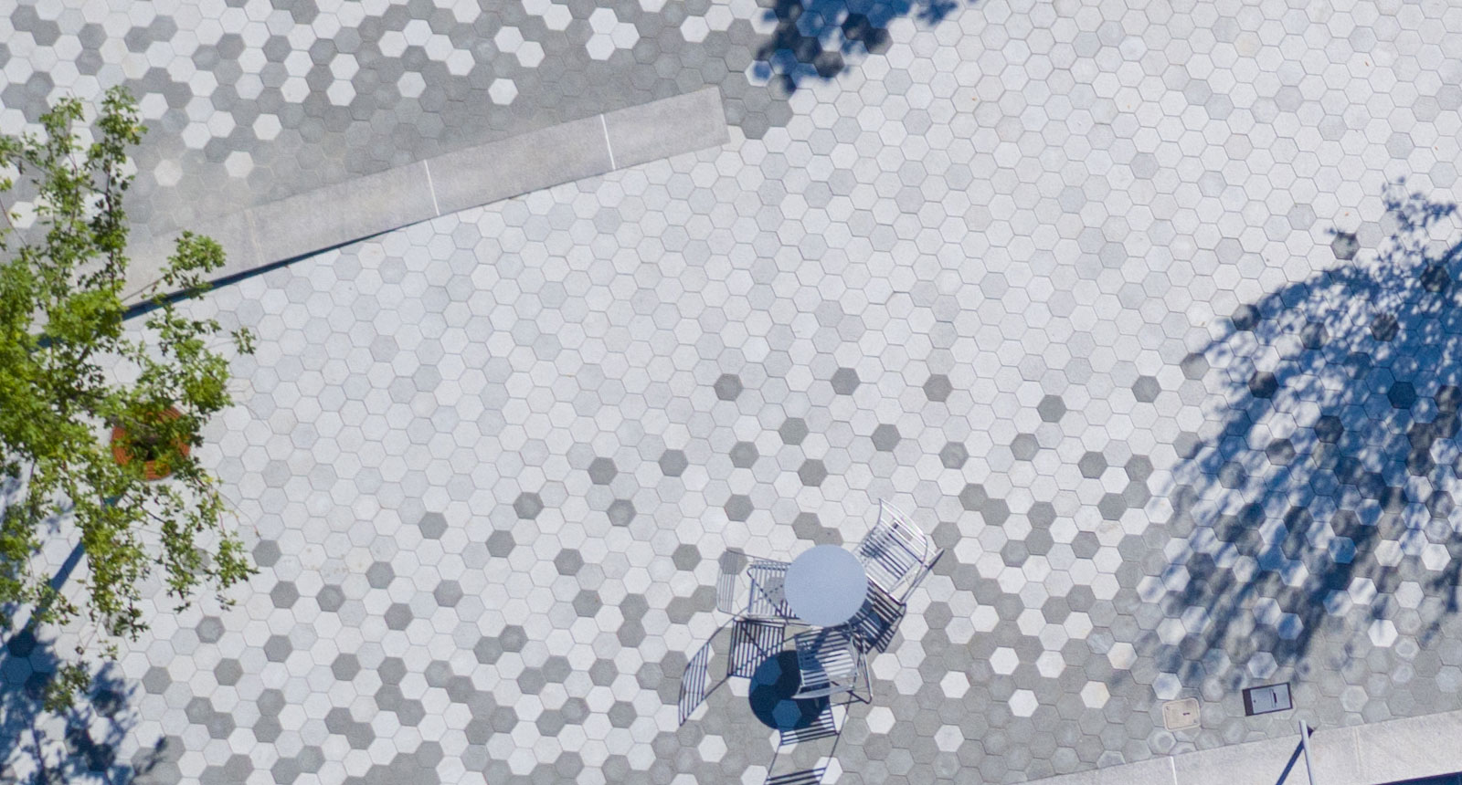 Dark and light gray hexagonal tile from a bird’s-eye view. A tree is in the top left corner.