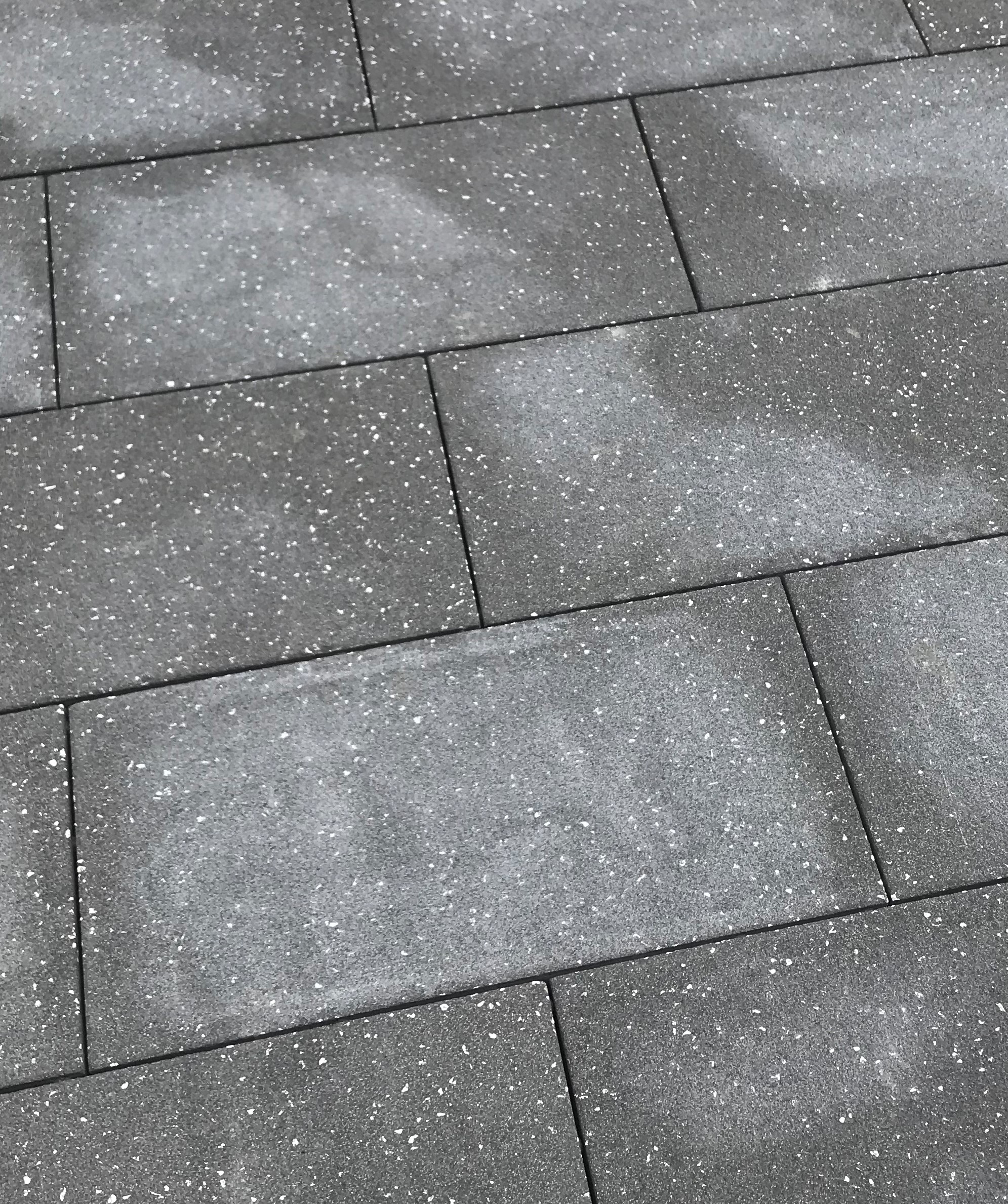 Dark gray, rectangular concrete pavers with lighter areas of efflorescence and white specks.