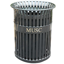 MF3213 Flat Steel Trash Receptacle with Aluminum Funnel Top and Logo Band