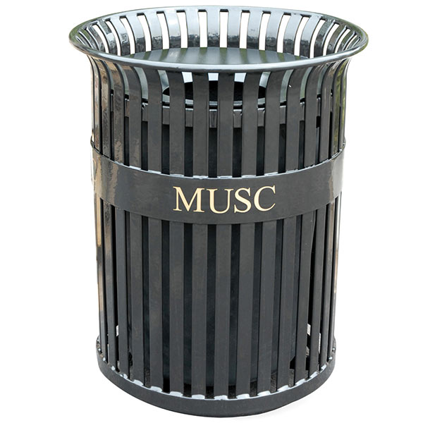 Flat Steel Trash Receptacle with Aluminum Funnel Top and Logo Band