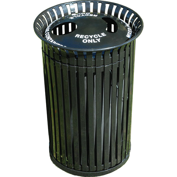 Flat Steel Trash Receptacle with 2 Hole Recycle Top and Side Door