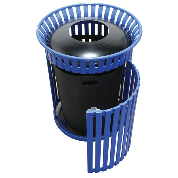 Flat Steel Trash Receptacle with Aluminum Funnel Top and Side Door