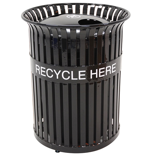 Flat Steel Trash Receptacle with 2 Hole Recycle Top and Logo Band