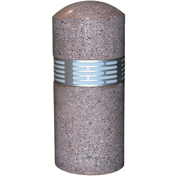 A gray concrete ballard that is rounded at the top. A LED light sits in the middle covered by an aluminum grill.
