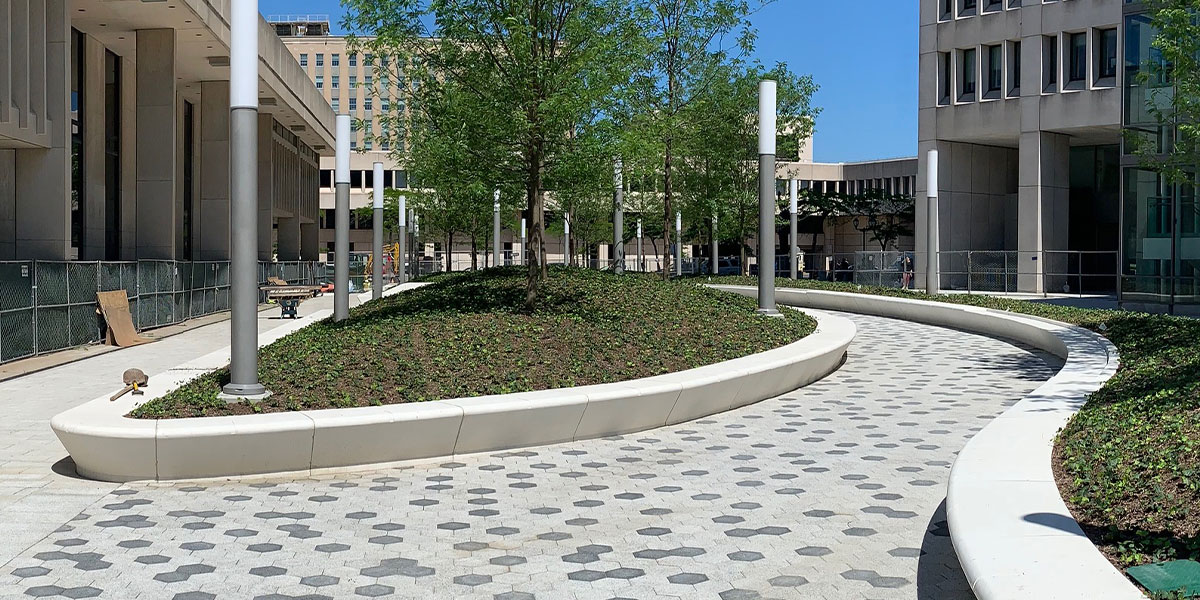 An asymmetrical raised median in a plaza with greenery and trees. The median is surrounded by a walkway with gray, hexagonal tiles and tall concrete buildings on either side.